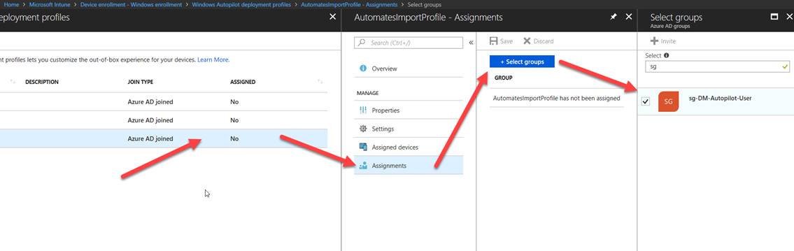 Home Microsoft Intune > Device enrollment • Wndows enrollment > Windows Autopilot deployment profiles > Automateslmportprofile • Assignments > Select groups ?ployment profiles It profiles lets you customize the out-of-box experience for your devices. Leam More. JOIN TYPE Azure AD joined Azure AD joined Azure AD joined X AutomateslmportProfile - Assignments X p Search (Ctrl*" Overview Settings Assigned devices Assignments « R Save X Discard Select groups Automateslmportprofile has not been assigned Select groups Am AD + Invite lect O Sg- DM-AutopiIot-User